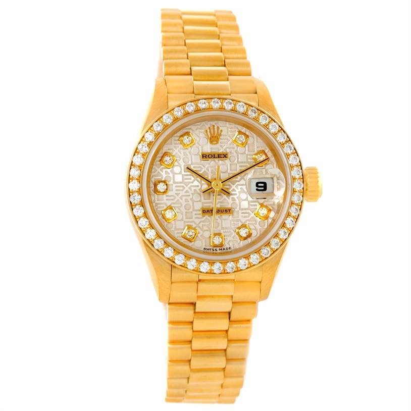 This is a frontal view of the Rolex President 69138 Women's Yellow Gold Beige Dial 69138 Women's Yellow Gold Beige Dial model watch, showing the dial, bezel, and part of the bracelet.