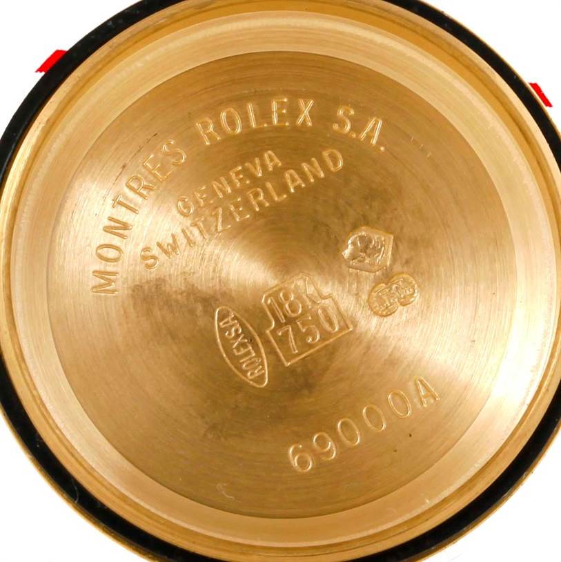 This image shows the inside caseback of a Rolex President 69138 Women's Yellow Gold Beige Dial 69138 Women's Yellow Gold Beige Dial model watch, detailing its inscriptions and hallmarks.