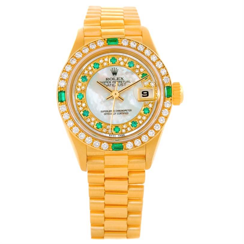 The image shows a frontal view of a Rolex President 79068 Women's Yellow Gold Mother of Pearl Dial 79068 Women's Yellow Gold Mother of Pearl Dial model watch, highlighting the dial, bezel, and bracelet.