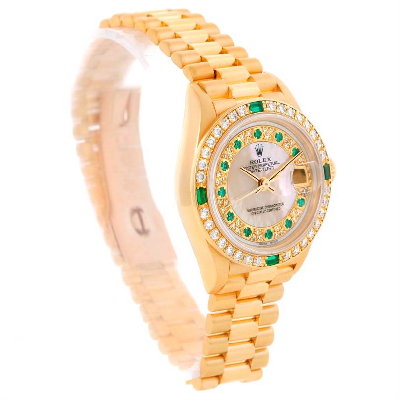 The angle showcases the front and side of the Rolex President 79068 Women's Yellow Gold Mother of Pearl Dial 79068 Women's Yellow Gold Mother of Pearl Dial model, highlighting the dial, bezel, and bracelet.