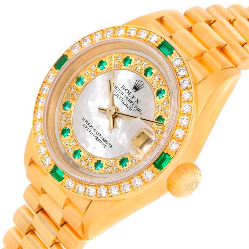 The image shows a close-up of the Rolex President 79068 Women's Yellow Gold Mother of Pearl Dial 79068 Women's Yellow Gold Mother of Pearl Dial model watch, highlighting the dial, bezel, crown, and part of the bracelet.