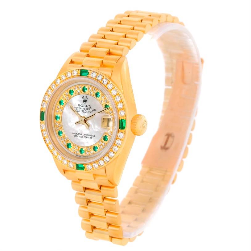 This Rolex President 79068 Women's Yellow Gold Mother of Pearl Dial 79068 Women's Yellow Gold Mother of Pearl Dial model watch is shown at a slight angle, displaying the face, bezel, crown, and bracelet.