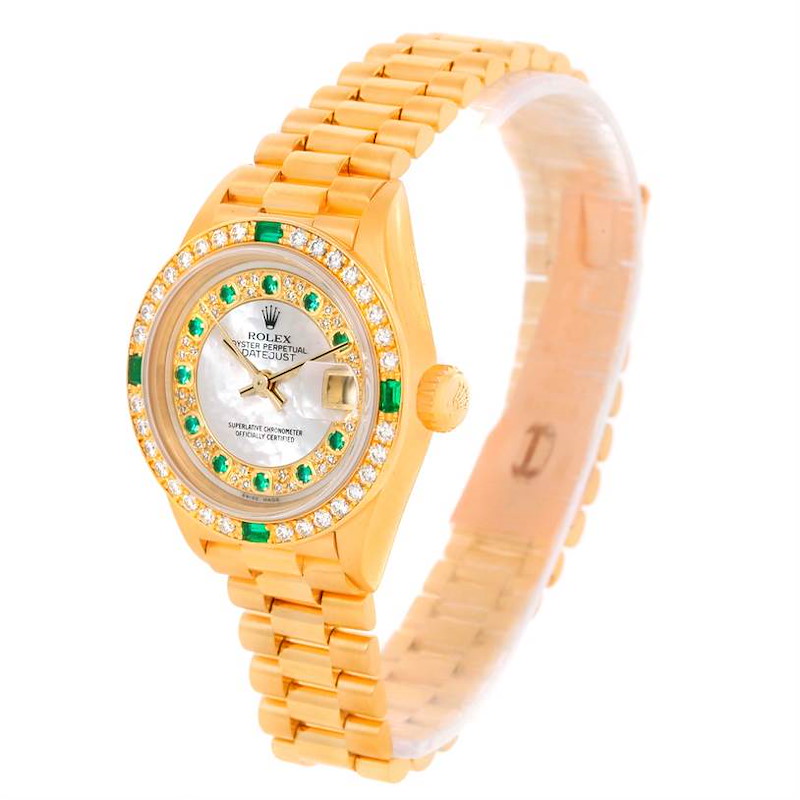 Rolex President Yellow Gold Myriad Diamonds Emeralds Watch 79068 SwissWatchExpo