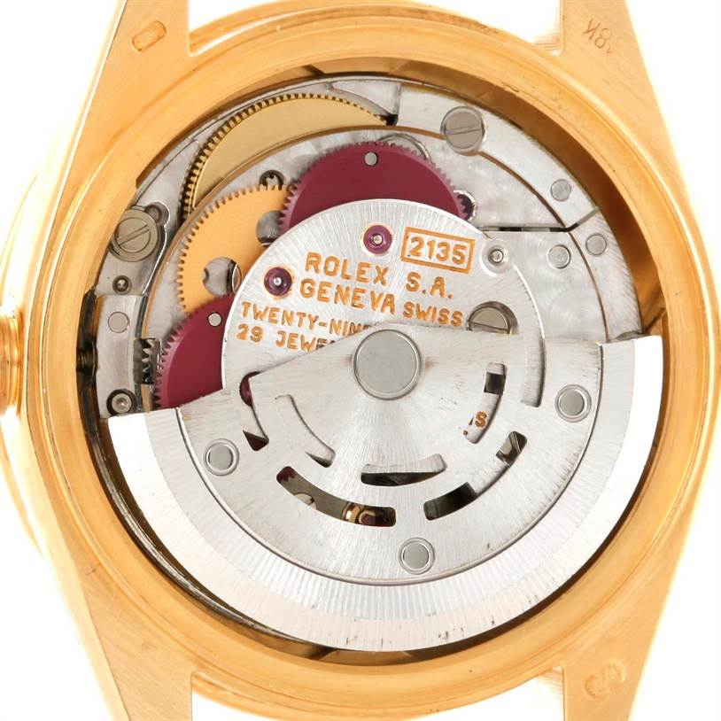 This image shows the internal movement and mechanisms of a Rolex President 79068 Women's Yellow Gold Mother of Pearl Dial 79068 Women's Yellow Gold Mother of Pearl Dial model watch from the back.
