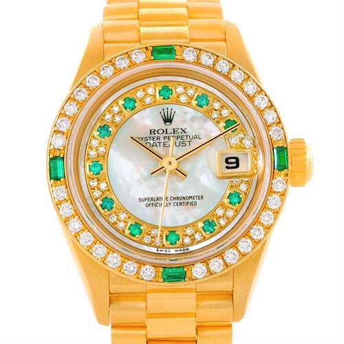 Photo of Rolex President Yellow Gold Myriad Diamonds Emeralds Watch 79068