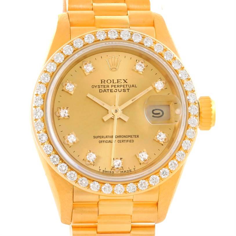 This image shows the face, bezel, and part of the bracelet of a Rolex President 69178 Women's Champagne Dial 69178 Women's Champagne Dial Datejust watch.