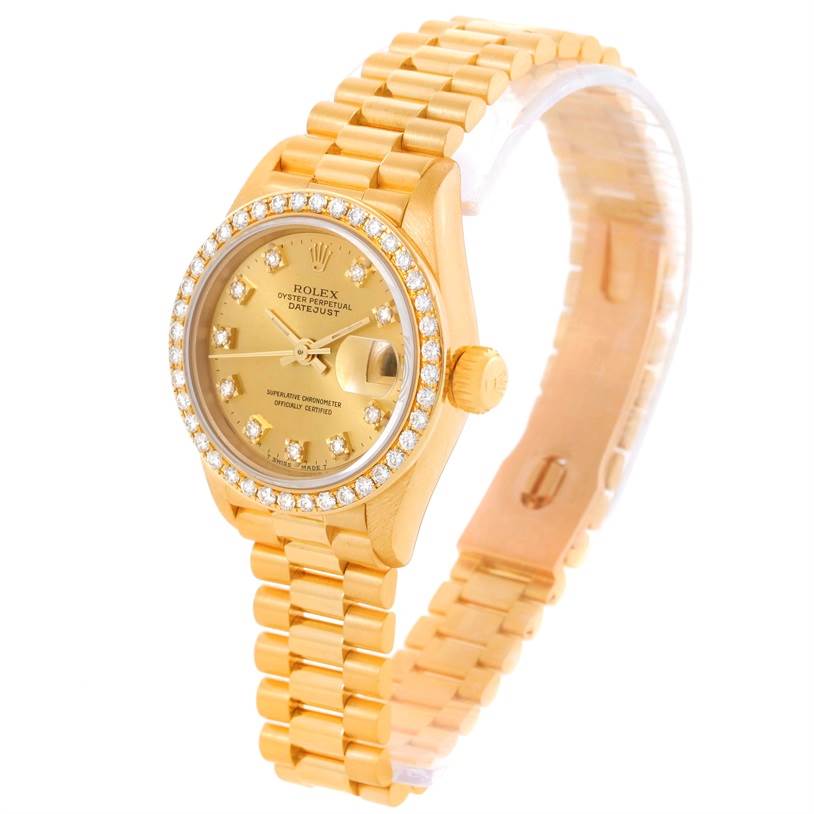 The image shows a Rolex President 69178 Women's Champagne Dial 69178 Women's Champagne Dial model watch featuring a gold band, diamond bezel, and gold face with date display.