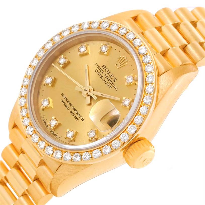 This is a close-up angle showing the face, bezel, crown, and part of the bracelet of the Rolex President 69178 Women's Champagne Dial 69178 Women's Champagne Dial model watch.