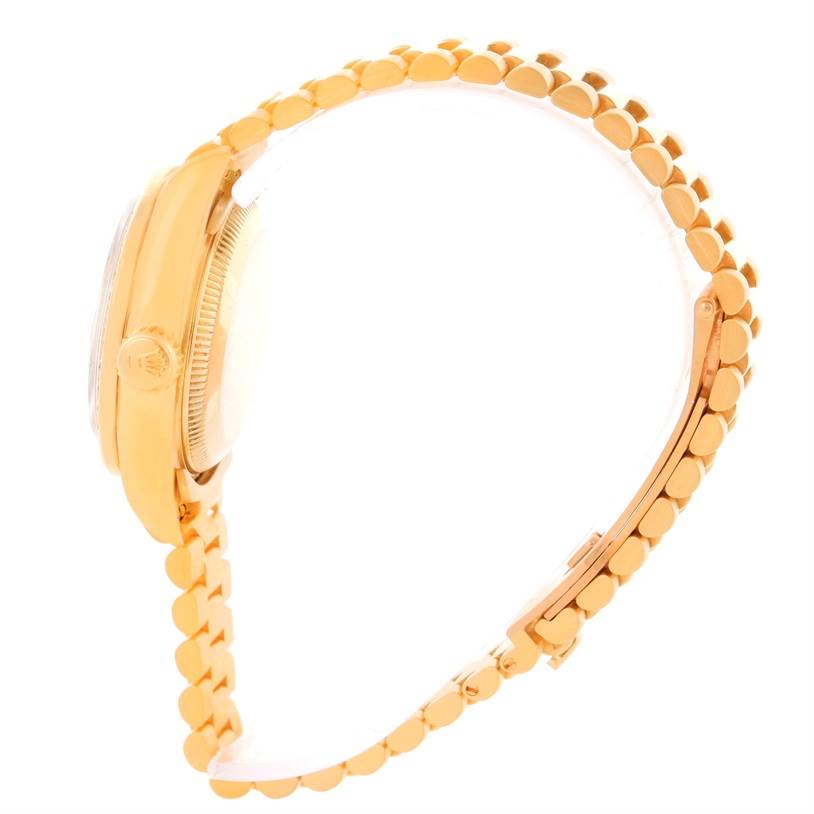 The image shows a side profile of a Rolex President 69178 Women's Champagne Dial 69178 Women's Champagne Dial model watch, highlighting the crown, case, and bracelet.