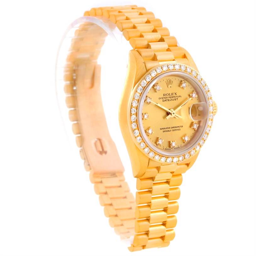 The Rolex President 69178 Women's Champagne Dial 69178 Women's Champagne Dial model is shown at an angle highlighting its golden bracelet, diamond-encrusted bezel, and detailed dial.