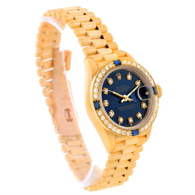 Rolex President Ladies 18k Yellow Gold Diamond Sapphires Watch 69138 SwissWatchExpo