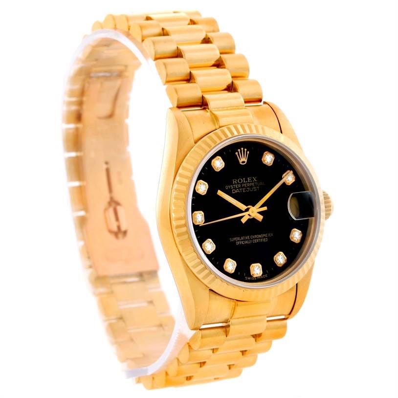 The image shows a close-up, angled view of a Rolex President 68278 Women's Yellow Gold Black Dial 68278 Women's Yellow Gold Black Dial model watch, highlighting its gold bracelet, black dial, and diamond markers.