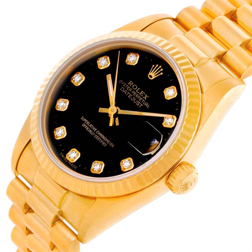 This image shows a Rolex President 68278 Women's Yellow Gold Black Dial 68278 Women's Yellow Gold Black Dial model watch from an angled view, highlighting the face, crown, and part of the bracelet.