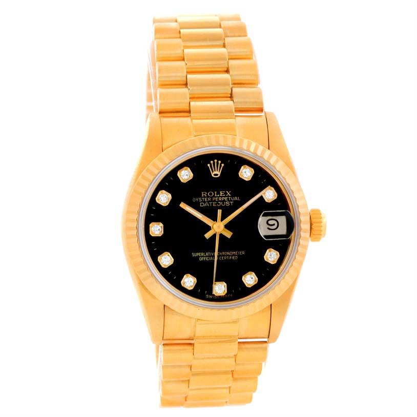 This image shows a front view of a Rolex President 68278 Women's Yellow Gold Black Dial 68278 Women's Yellow Gold Black Dial model watch with a gold band, black dial, and diamond hour markers.