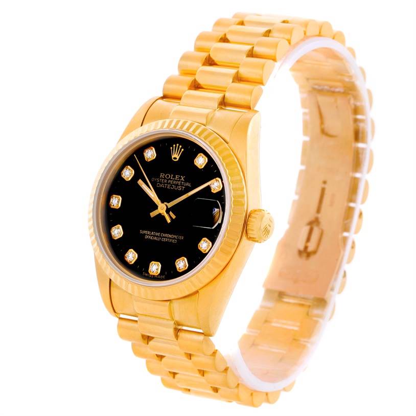 The Rolex President 68278 Women's Yellow Gold Black Dial 68278 Women's Yellow Gold Black Dial model watch is shown at an angle displaying its black dial, gold case, and gold link bracelet.