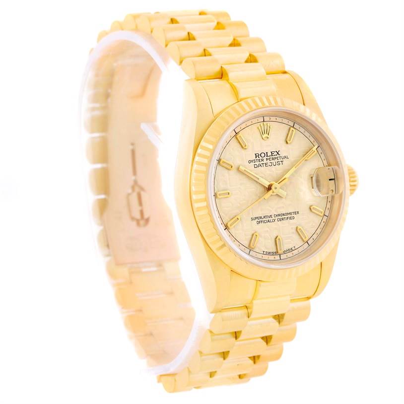 This image shows a side angle of the Rolex President 68278 Women's Yellow Gold Beige Dial 68278 Women's Yellow Gold Beige Dial model watch, highlighting its face, bezel, and bracelet.