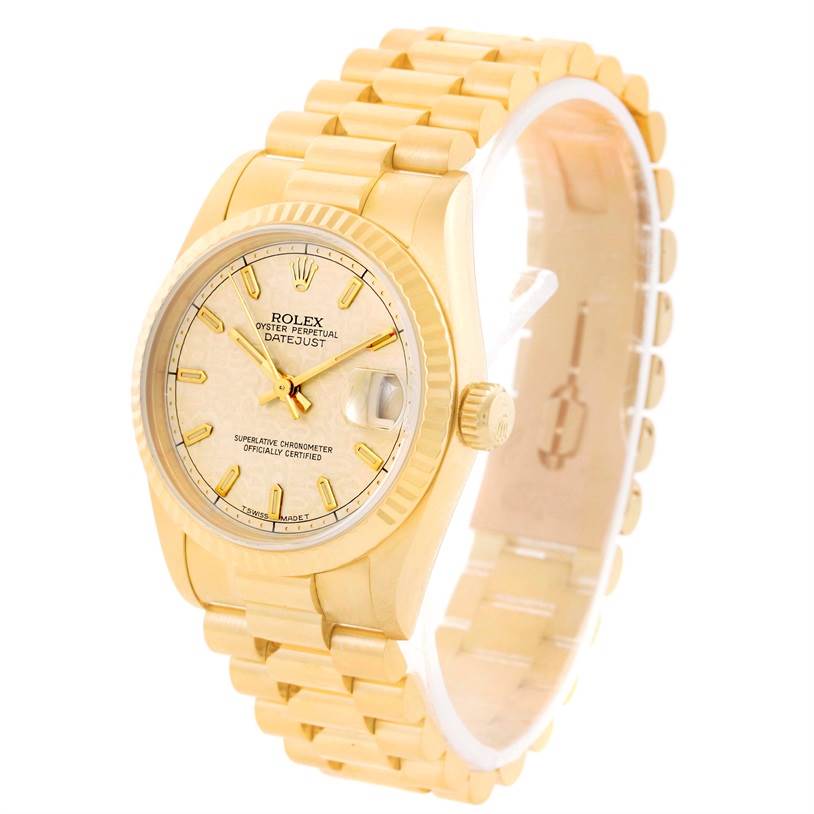 The image shows a Rolex President 68278 Women's Yellow Gold Beige Dial 68278 Women's Yellow Gold Beige Dial model watch, displaying the dial, bezel, crown, and full bracelet at a slight angle.