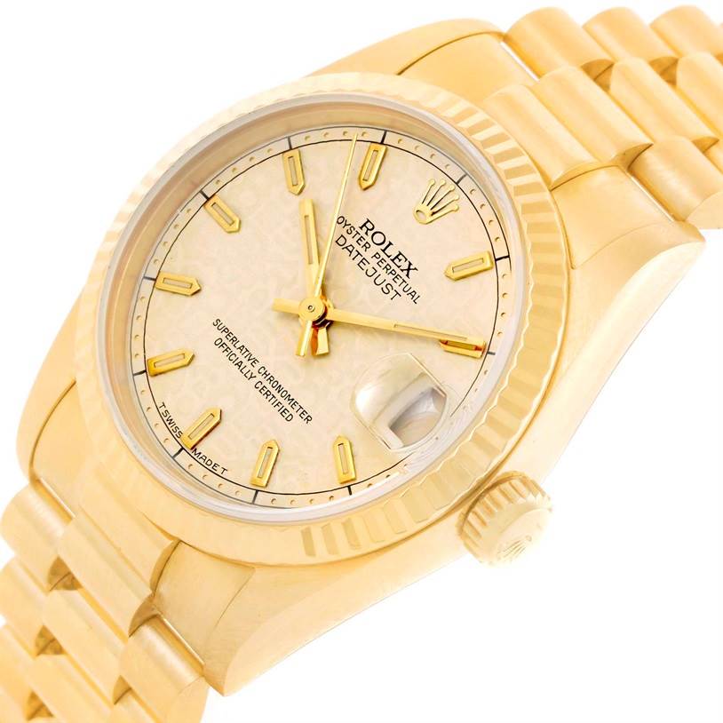 The image shows a Rolex President 68278 Women's Yellow Gold Beige Dial 68278 Women's Yellow Gold Beige Dial model watch from a slightly tilted angle, highlighting the face, crown, and bracelet.