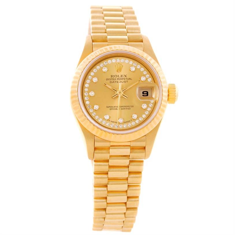 The image shows a Rolex President 69178 Women's Yellow Gold Champagne Dial 69178 Women's Yellow Gold Champagne Dial Oyster Perpetual Datejust watch from a top-down angle, displaying the dial, bezel, and bracelet.