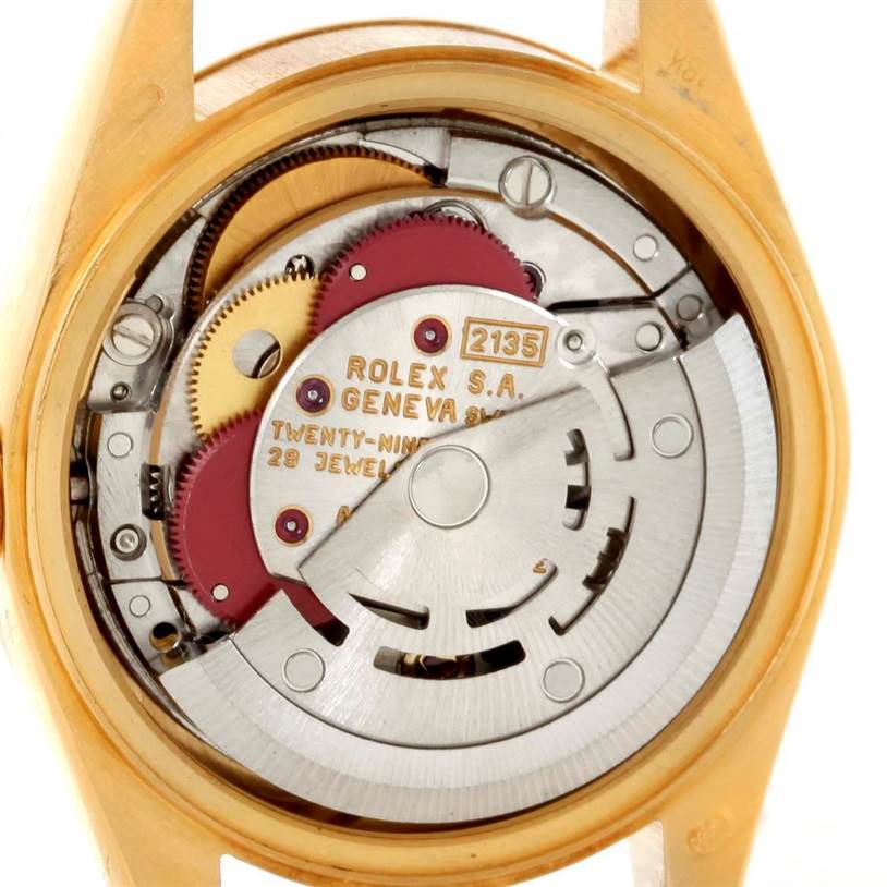 This image shows a close-up of the movement mechanism of a Rolex President 69178 Women's Yellow Gold Champagne Dial 69178 Women's Yellow Gold Champagne Dial model watch.