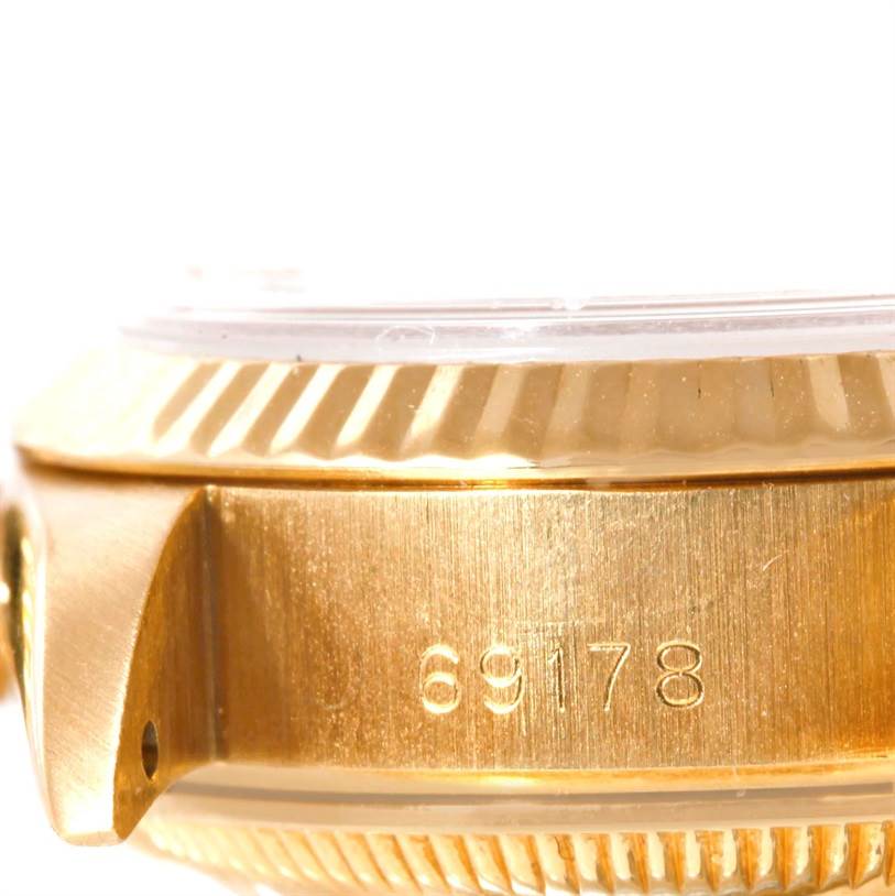 The image shows a close-up side view of the case and bezel of a Rolex President 69178 Women's Yellow Gold Champagne Dial 69178 Women's Yellow Gold Champagne Dial model watch, revealing its model number 69178.