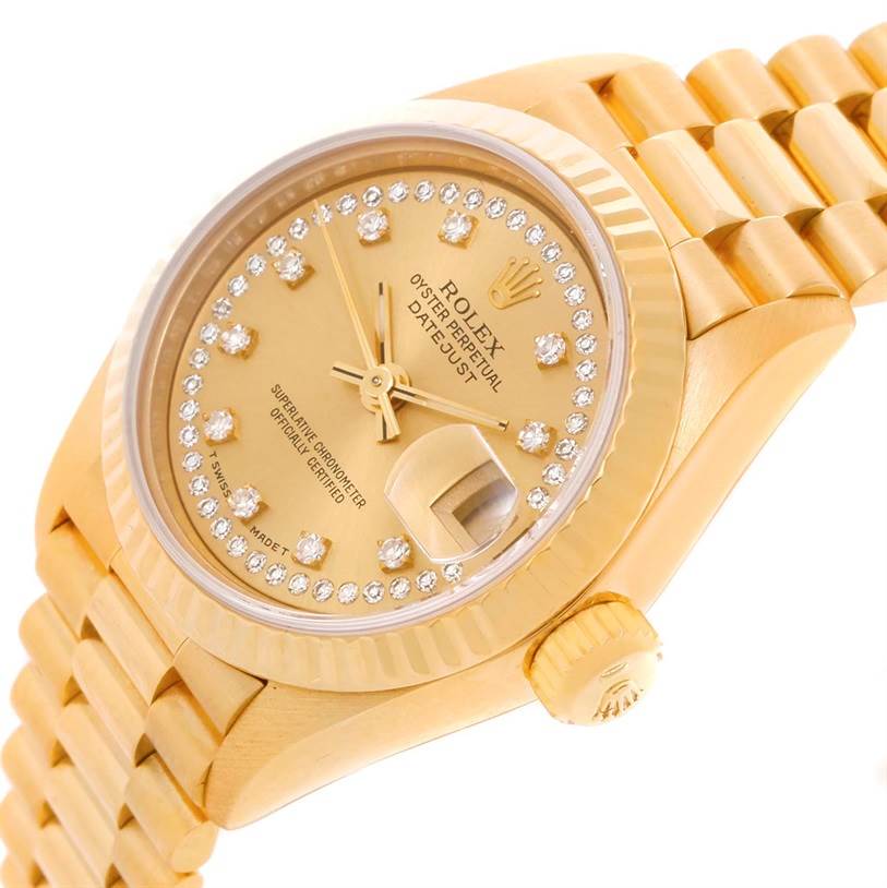 This image shows a close-up of the dial, bezel, and bracelet of the Rolex President 69178 Women's Yellow Gold Champagne Dial 69178 Women's Yellow Gold Champagne Dial model watch.