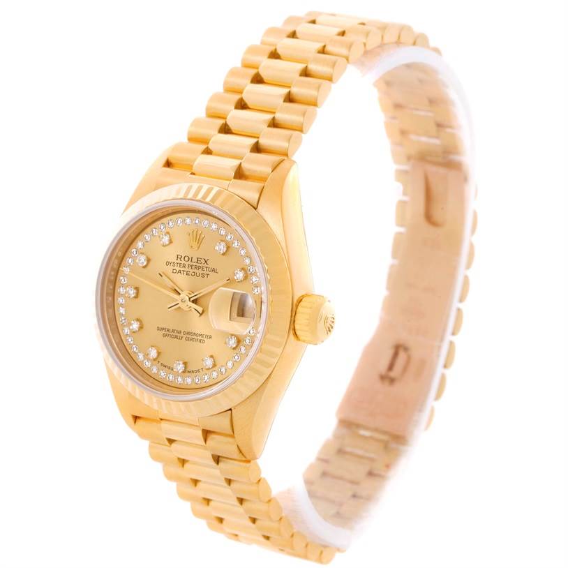 This image shows a Rolex President 69178 Women's Yellow Gold Champagne Dial 69178 Women's Yellow Gold Champagne Dial model watch at an angle with a clear view of the face, band, and crown.