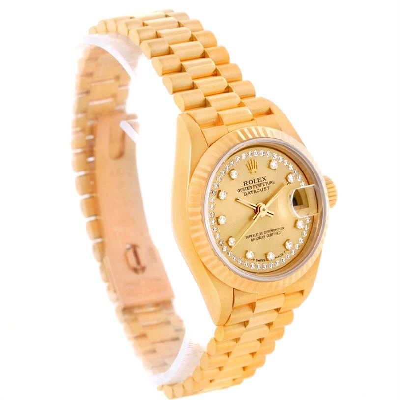 The Rolex President 69178 Women's Yellow Gold Champagne Dial 69178 Women's Yellow Gold Champagne Dial model is shown at a three-quarter angle, highlighting its gold bracelet, bezel, and face with date display.