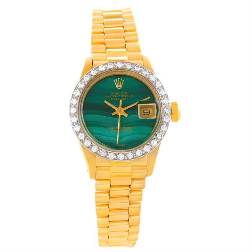 This Rolex President 6917 Women's Yellow Gold Green Dial 6917 Women's Yellow Gold Green Dial model watch is shown from the front, displaying the face, bezel, and part of the band.