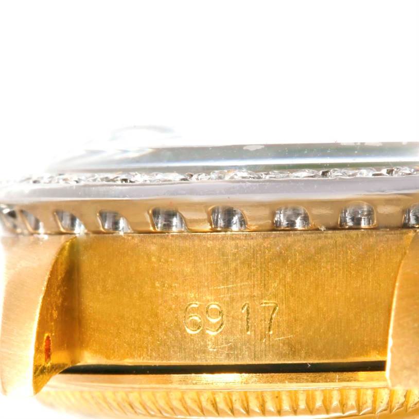 The image shows a close-up side view of the case and bezel of a Rolex President 6917 Women's Yellow Gold Green Dial 6917 Women's Yellow Gold Green Dial model watch.