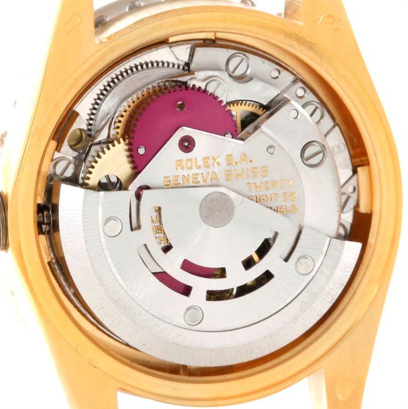 The image shows the internal mechanism of the Rolex President 6917 Women's Yellow Gold Green Dial 6917 Women's Yellow Gold Green Dial model watch, viewed from the back.