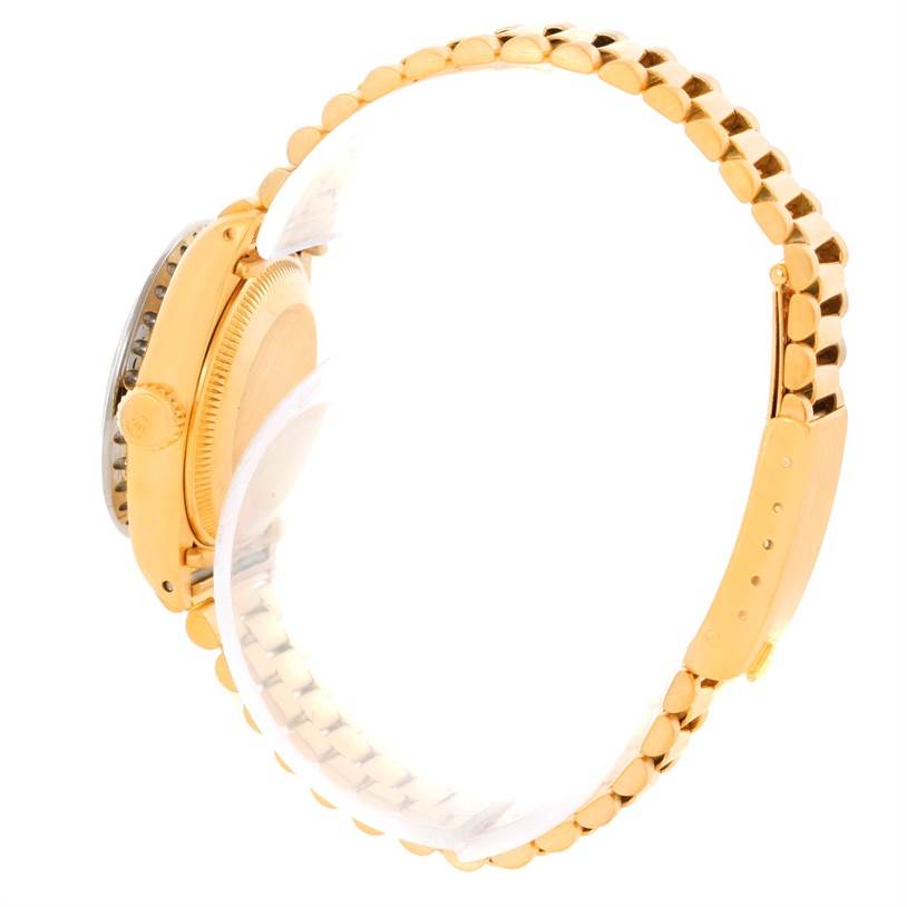 The image shows a side view of the Rolex President 6917 Women's Yellow Gold Green Dial 6917 Women's Yellow Gold Green Dial watch, highlighting the crown, casing, and bracelet.