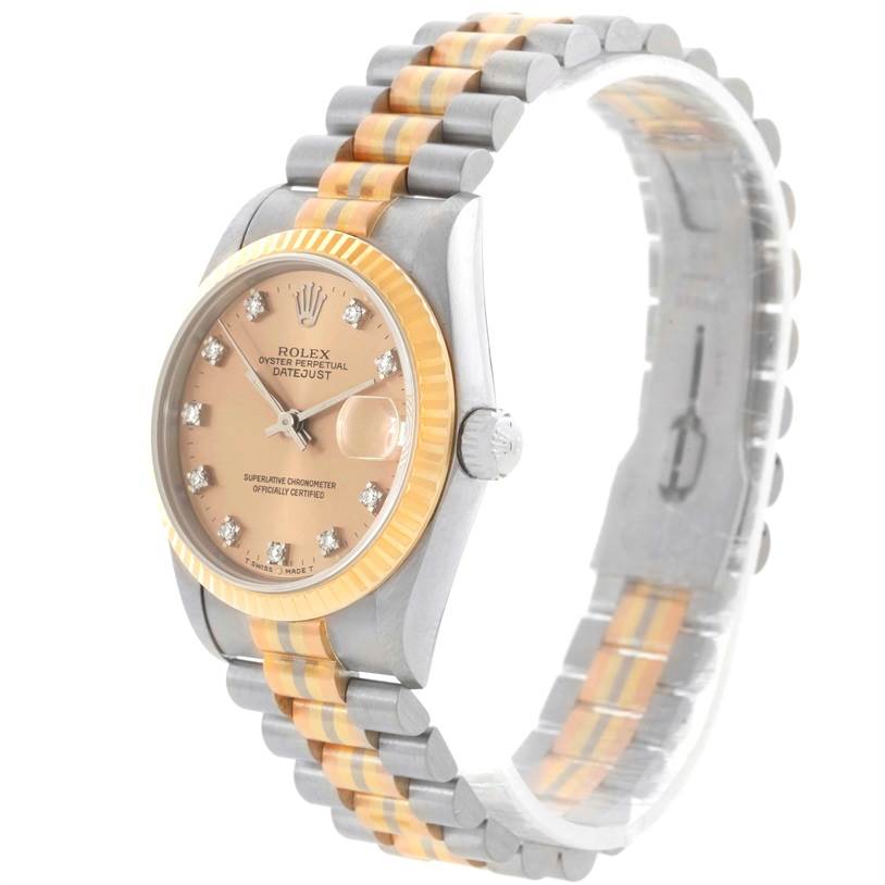 The image shows a side angle of a Rolex President 68279 Women's White Gold Brown Dial 68279 Women's White Gold Brown Dial model watch, highlighting its face, bezel, and bracelet.