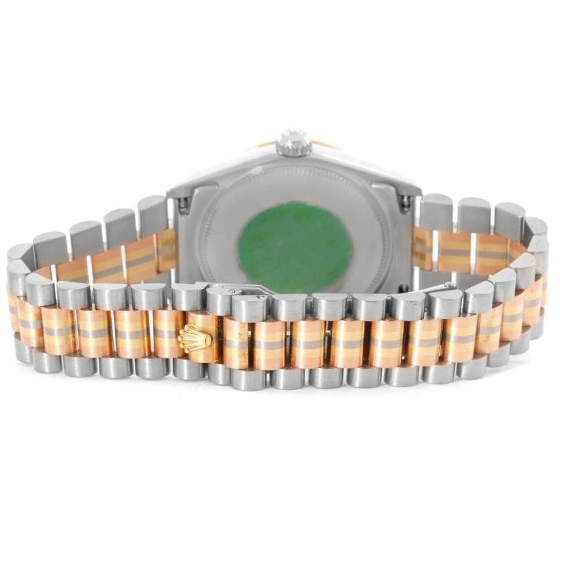 This image shows the back of the Rolex President 68279 Women's White Gold Brown Dial 68279 Women's White Gold Brown Dial model watch, highlighting its two-tone bracelet and clasp with the Rolex crown logo.