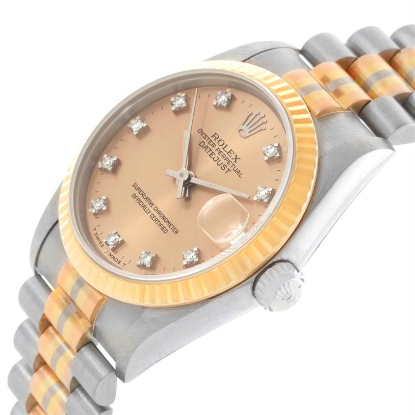 The image shows a close-up view of the Rolex President 68279 Women's White Gold Brown Dial 68279 Women's White Gold Brown Dial model watch, highlighting its dial, bezel, and part of the bracelet.