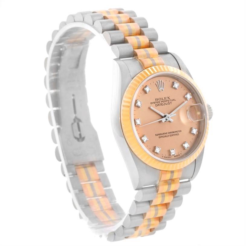 This image shows a side profile of a Rolex President 68279 Women's White Gold Brown Dial 68279 Women's White Gold Brown Dial model watch, highlighting its bracelet, bezel, and dial.