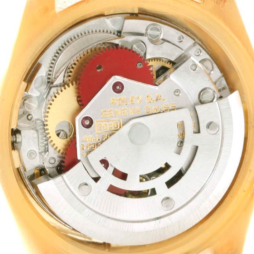 This image shows the internal mechanism of a Rolex President 6917 Women's Yellow Gold Blue Dial 6917 Women's Yellow Gold Blue Dial model watch viewed from the back.