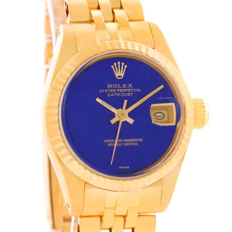 The image shows a frontal view of a Rolex President 6917 Women's Yellow Gold Blue Dial 6917 Women's Yellow Gold Blue Dial model watch with a gold bracelet and blue dial.