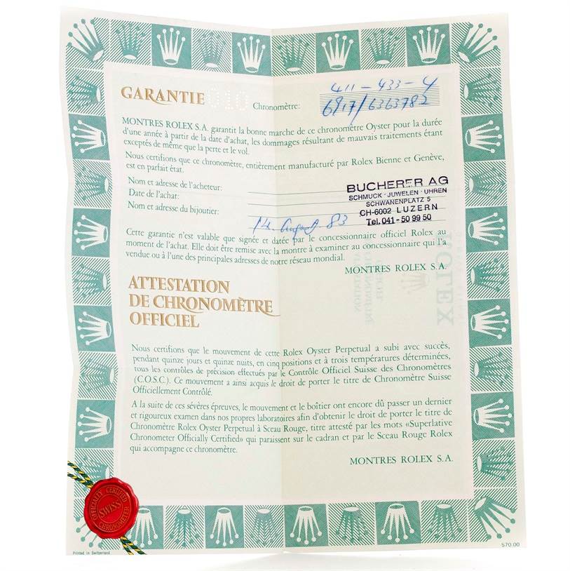 The image shows the warranty certificate for a Rolex President 6917 Women's Yellow Gold Blue Dial 6917 Women's Yellow Gold Blue Dial model, highlighting the guarantee and official chronometer certification.