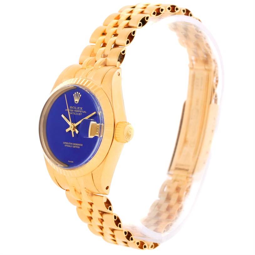 The image shows a side angle of the Rolex President 6917 Women's Yellow Gold Blue Dial 6917 Women's Yellow Gold Blue Dial model watch, highlighting its bracelet, dial, and crown.