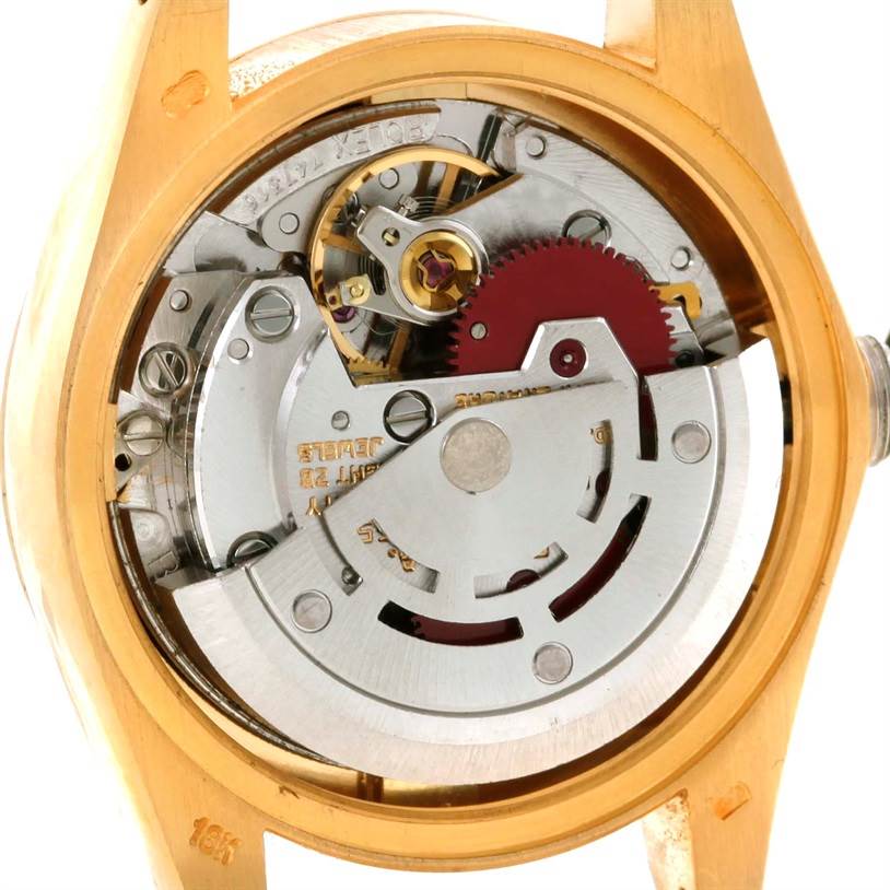 This image shows the internal movement of a Rolex President 6917 Women's Yellow Gold Brown Dial 6917 Women's Yellow Gold Brown Dial model watch, viewed from the back.
