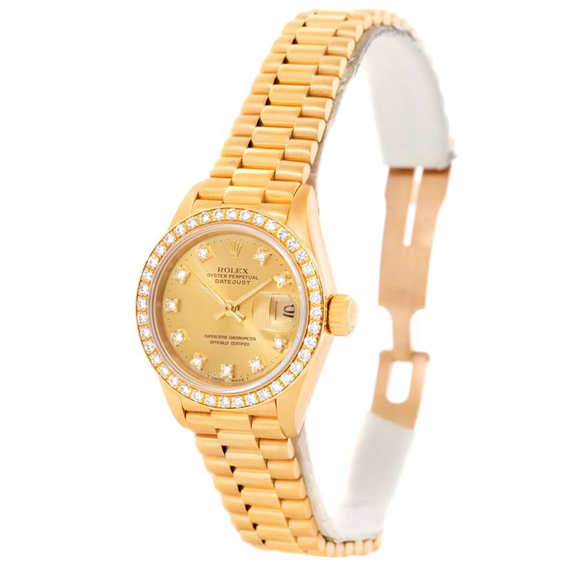 This image shows a Rolex President 69138 Women's Yellow Gold Champagne Dial 69138 Women's Yellow Gold Champagne Dial Datejust watch from a slightly tilted front angle, highlighting the dial, bezel, and bracelet.