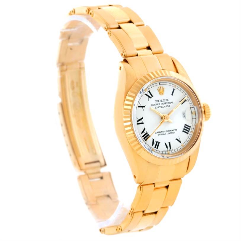 The image shows a side view of the Rolex President 6917 Women's Yellow Gold White Dial 6917 Women's Yellow Gold White Dial model, displaying the dial, crown, and bracelet.