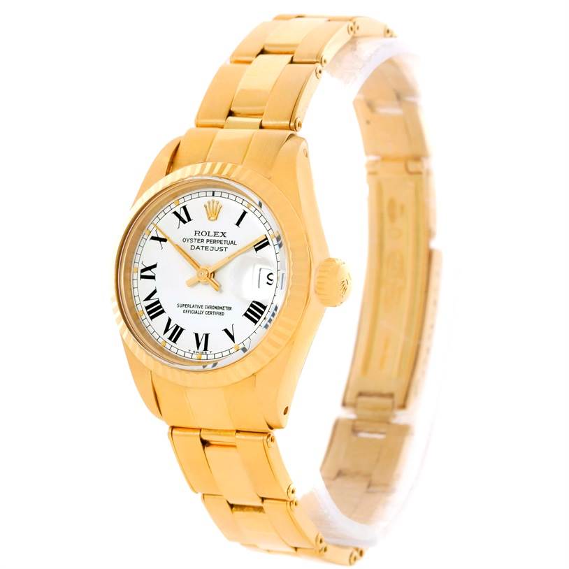 The image shows a Rolex President 6917 Women's Yellow Gold White Dial 6917 Women's Yellow Gold White Dial model watch at a slightly angled side view, highlighting its face, bezel, crown, and part of the bracelet.