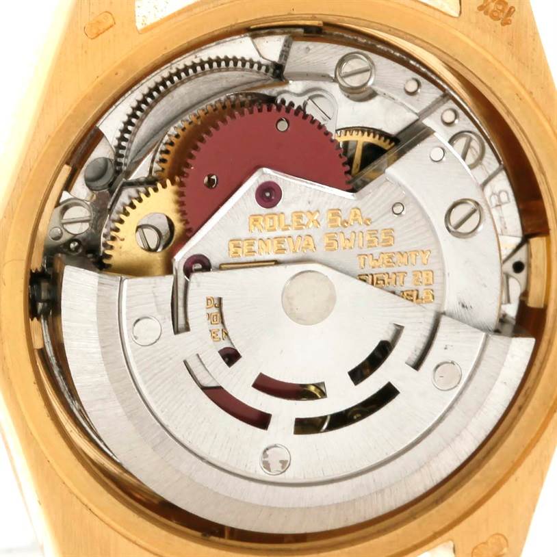 The image shows the internal mechanical movement of a Rolex President 6917 Women's Yellow Gold White Dial 6917 Women's Yellow Gold White Dial model watch, viewed from the back.