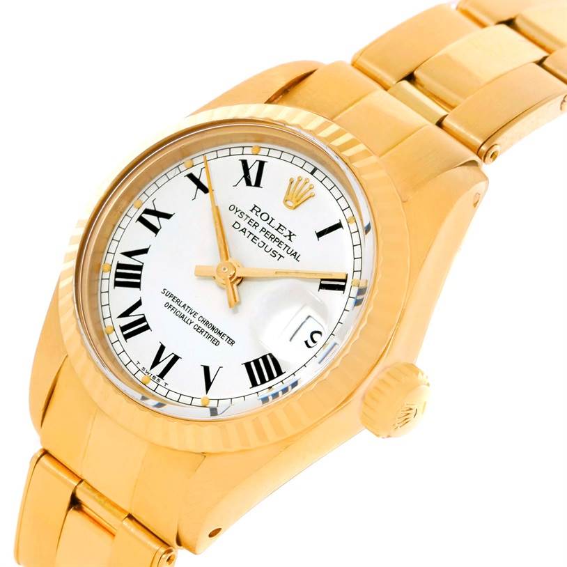 The image shows a close-up angled view of the Rolex President 6917 Women's Yellow Gold White Dial 6917 Women's Yellow Gold White Dial model watch displaying its face, bezel, crown, and partially the bracelet.