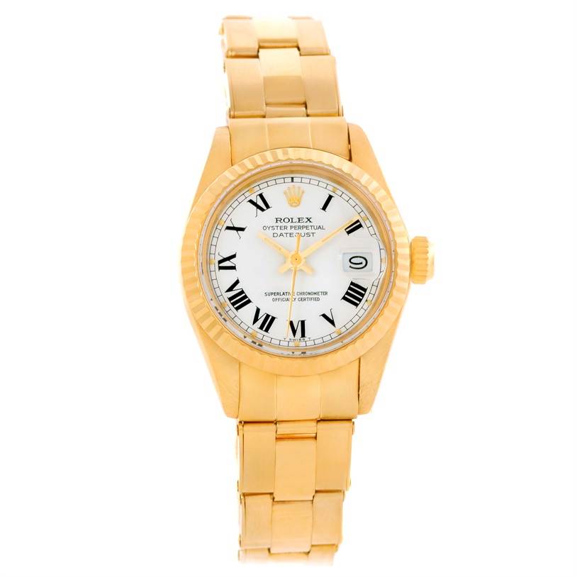 This image shows the front view of a Rolex President 6917 Women's Yellow Gold White Dial 6917 Women's Yellow Gold White Dial Datejust watch, displaying its face, bezel, and bracelet.