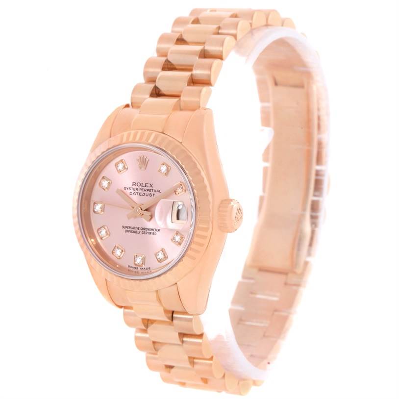 The image shows a Rolex President 179175 Women's Rose Gold Pink Dial 179175 Women's Rose Gold Pink Dial model watch at an angled view, highlighting the dial, bracelet, and crown.