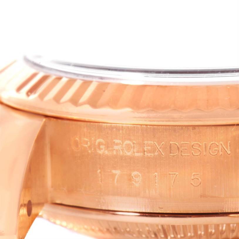 This image shows a close-up of the case and model number engraving on a Rolex President 179175 Women's Rose Gold Pink Dial 179175 Women's Rose Gold Pink Dial watch.