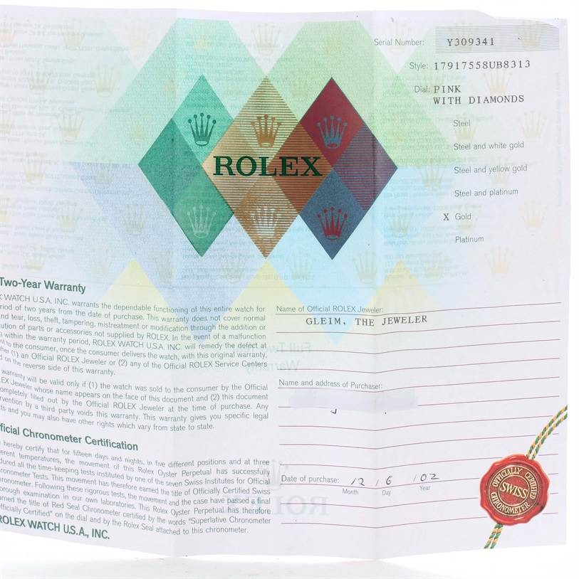 The image shows the warranty and certification papers for a Rolex President 179175 Women's Rose Gold Pink Dial 179175 Women's Rose Gold Pink Dial model watch.